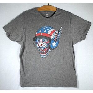 Retro Celebrate Patriotic American Biker Cat Gray T-Shirt Motorcycle Large